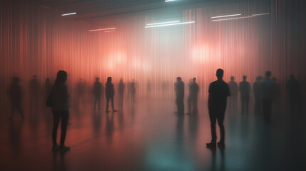 People engaging in a captivating art installation with colorful lighting and fog effect in an indoor space at night. Generative AI