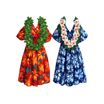 Two Hawaiian Muumuu Dresses with Flower Lei