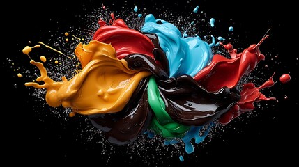 Colorful paint explosion, dynamic swirl, black background, creative design, advertising