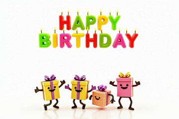 Fototapeta premium Colorful Happy Birthday Letters with Animated Gift Boxes and Festive Candles in a Joyful Celebration Scene