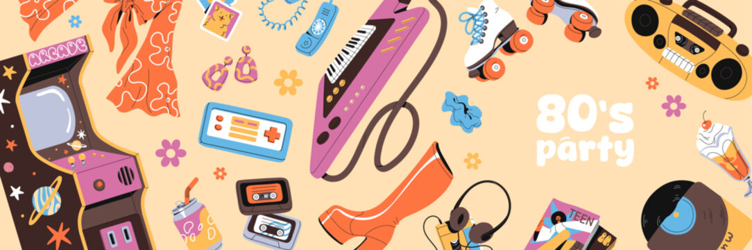 Design of 80s party banner. Template of 1980 nostalgia event advertising. 1980s items, accessories in retro style, cassettes, game machine, vinyl, tape recorder on layout. Flat vector illustration
