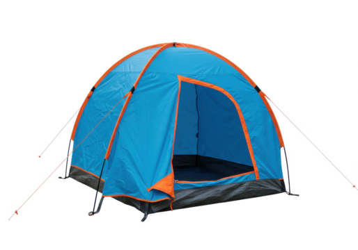 A blue camping tent with orange accents, showcasing an open entrance, isolated on a white background
