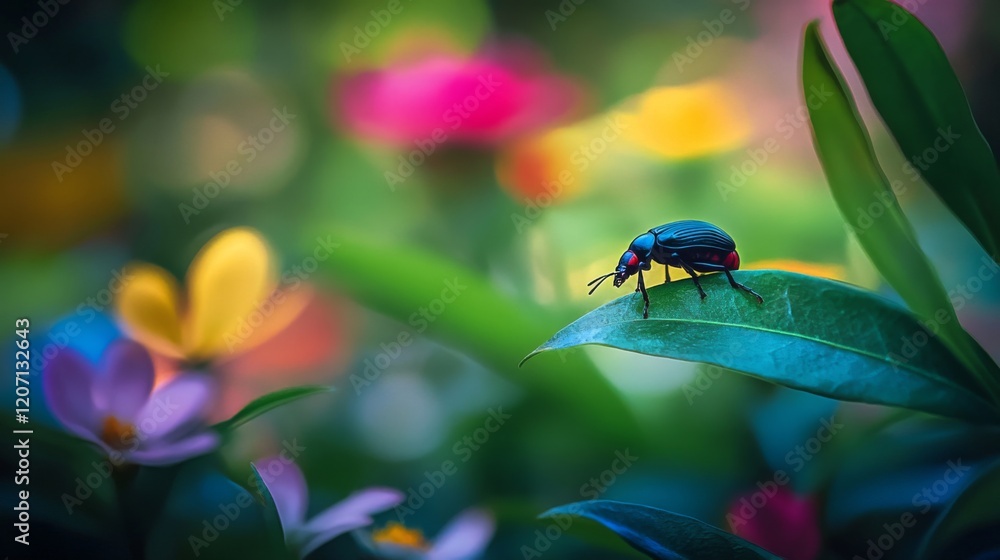 Poster an engaging image of a tiny beetle climbing a leaf, with a blurred background of colorful flowers, h