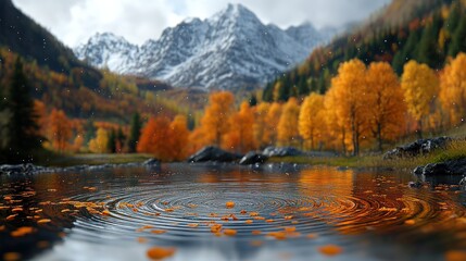 Fototapeta premium Autumn leaves falling on mountain lake