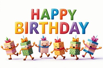 Naklejka premium Colorful Happy Birthday Letters with Animated Gift Boxes and Festive Candles in a Joyful Celebration Scene