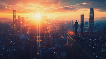 abstract professional business team people connection of line from nail node to node on Smart digital cityscap and skyline background , Innovation networking concept