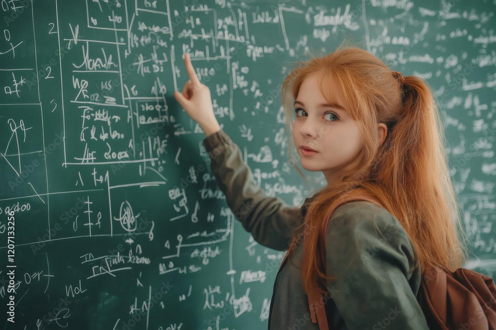 Poster redhead student pointing at a chalkboard full of math equations, showcasing learning and problem sol