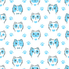 Hand drawn seamless pattern vector cat portrait. Cute children coloring illustration for coloring book, print, gritting card