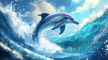 Fototapeta premium A playful dolphin leaping out of the ocean, splashing water around, showcasing its agility and the joy of marine life.