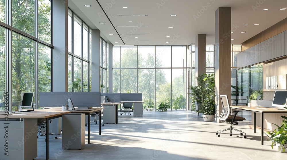 Poster spacious modern office with large windows, filled with natural light and greenery, creating a refres