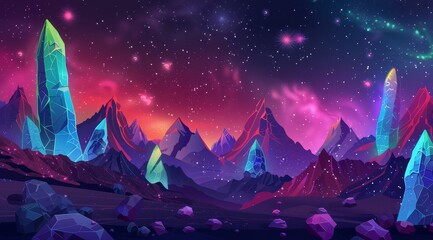 Fototapeta premium A fantasy landscape with crystalline mountains, a starry night sky, and a purple and pink nebula.