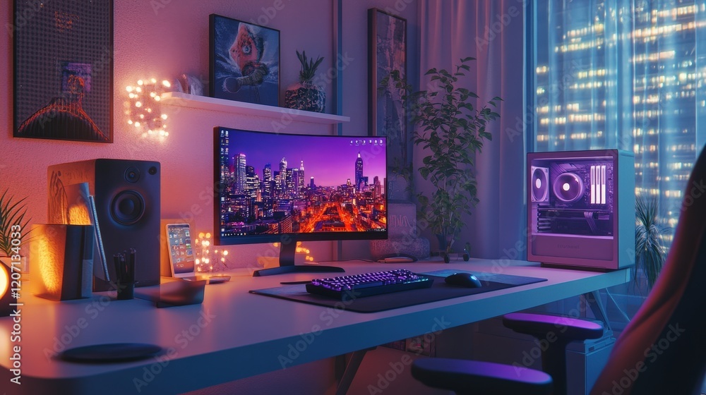 Poster organized desk with a desktop computer, mouse, and keyboard, set in a modern office environment with