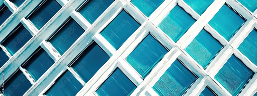 Aufkleber modern architectural facade with geometric pattern and reflections in glass windows on urban buildin