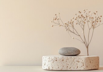 Minimalist scene with stone, dried flowers, and textured platform.
