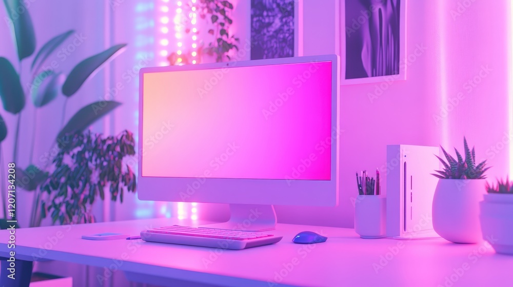 Poster organized desk with a desktop computer, mouse, and keyboard, set in a modern office environment with