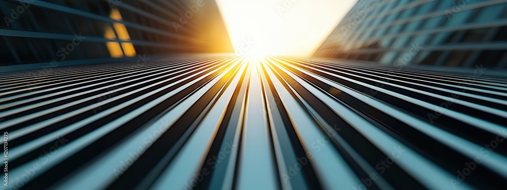 Poster abstract perspective of sunlight through modern buildings with linear patterns and warm glow in urba