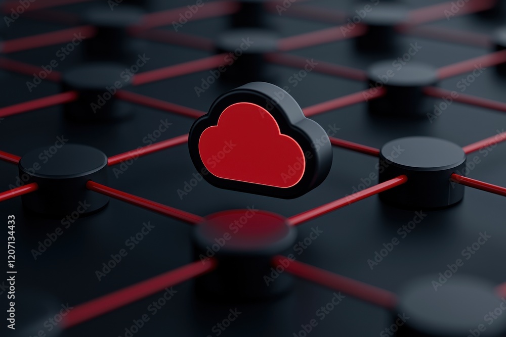 Poster a cloud symbol sits at the center of a network of nodes connected by red lines against a black backg