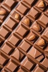 Fototapeta premium Smooth milk chocolate bar with almond pieces close-up texture World Chocolate Day, National Milk Chocolate Day