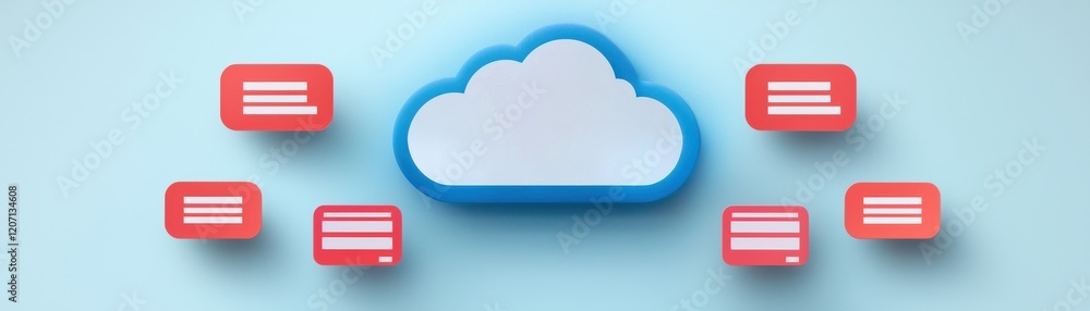 Poster a stylized cloud icon surrounded by red message bubbles, symbolizing cloud storage and communication