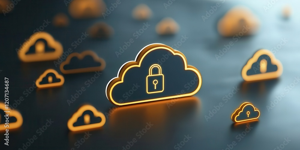 Poster digital clouds with a padlock symbol represent secure data storage, emphasizing the importance of cy