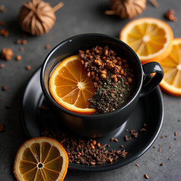 Tasse de tisane accompagn&eacute;e d&rsquo;ingr&eacute;dients 