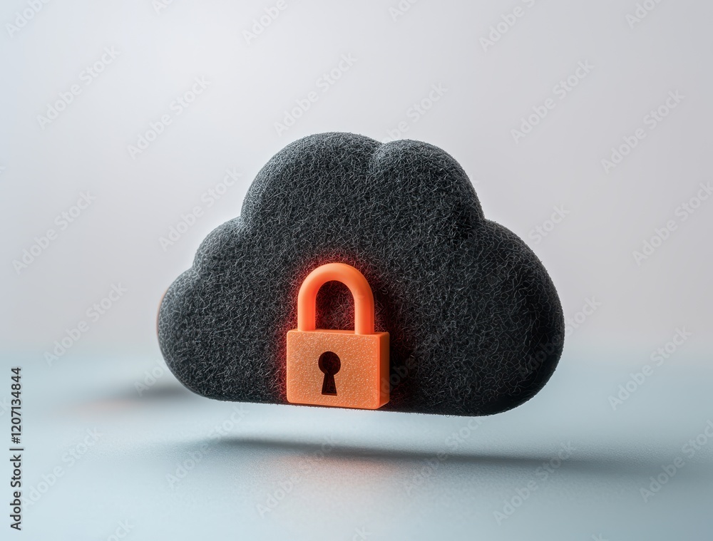 Poster a stylized cloud with a lock symbolizing cloud security and data protection in a modern digital envi