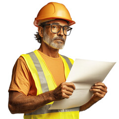 Construction worker reviewing blueprints construction site portrait industrial environment close-up planning process