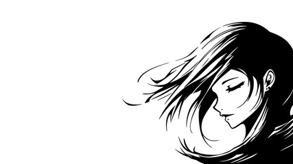 Line art girl profile portrait. Beautiful model cute young woman printable character brunette hair minimalistic vector illustration