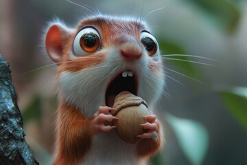 Obraz premium Surprised squirrel holding a large acorn in its paws, showcasing wide eyes and an open mouth, radiating cuteness and humor in nature