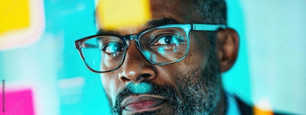 Poster thoughtful man looking through colorful sticky notes while brainstorming innovative solutions in a m