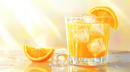 A refreshing glass of orange juice with ice cubes and a slice of orange on the rim, set on a clean, bright surface.