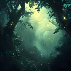 Obraz premium Enchanted Forest: A whimsical and ethereal forest bathed in a soft, mystical light. Sparkling fireflies illuminate the shadowy pathways, creating an enchanting and otherworldly atmosphere.