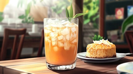 A refreshing glass of Thai tea with condensed milk and ice, sitting on a table with a traditional Thai dessert in the background.