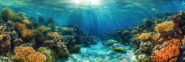 Fototapeta premium Underwater Paradise: Vibrant Coral Reef with Sea Turtles