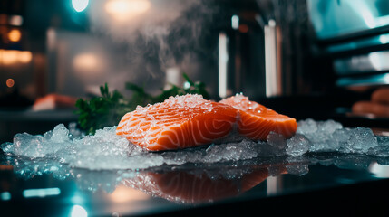 Salmon center cut lies on the ice. Fresh fish. Seafood Design. Nutrition concept. Healthy food. Restaurant, Market, Shop, Menu illustration