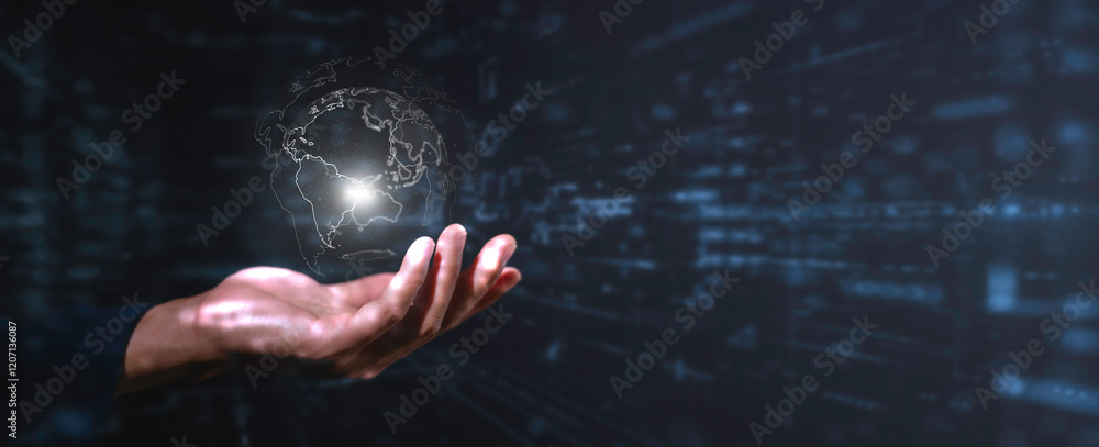 Aufkleber data digital transformation hand touching the universe, a conceptual shift in digital transformation