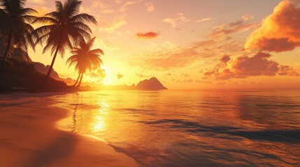 A scenic sunset view over a sandy beach with silhouettes of palm trees and gentle waves reflecting the warm, golden hues of the evening sky.