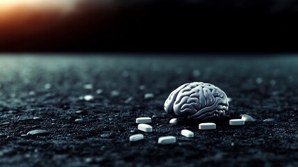 Lonely brain rests amidst scattered pills dark asphalt soft sunset light. AI Generated
