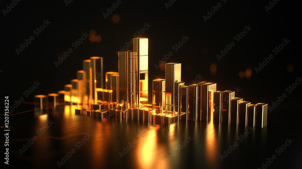 Poster a d bar chart with gold bars of different heights on a reflective black surface, symbolizing rising 