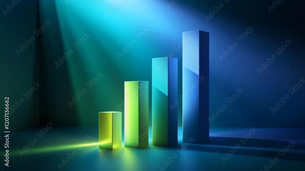 Leinwandbilder a d bar graph in cool blues and greens on a dark background with soft lighting from above, creating 