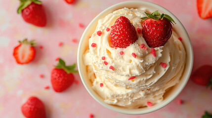 Top View of Strawberry Cream Splashing Across Pink Background, Generative AI