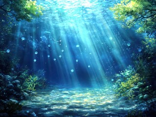 Fototapeta premium A serene underwater cavern glowing softly with vibrant coral reefs. Bioluminescent jellyfish drift lazily through the clear water, their luminous trails casting shimmering patterns onto the 