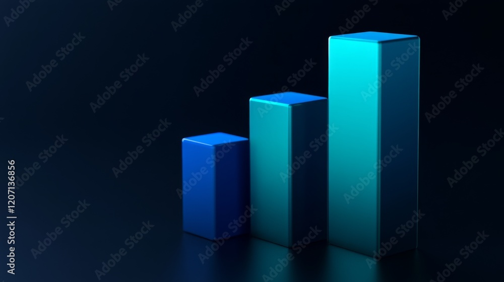 Poster a d bar graph in cool blues and greens on a dark background with soft lighting from above, creating 