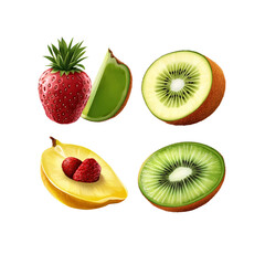 Naklejka premium Vibrant Assortment of Fresh Fruits Strawberry, Kiwi, and Apricot Slices - Perfect for Healthy