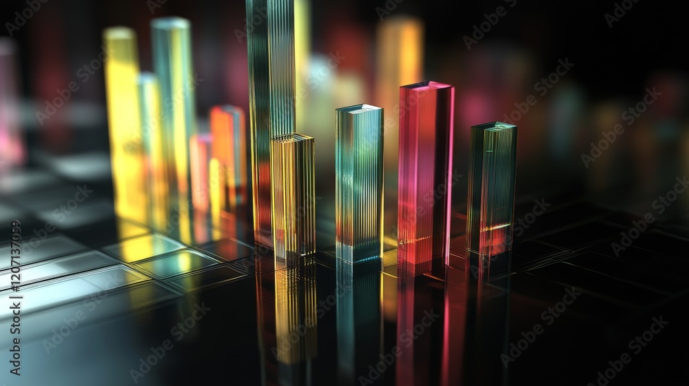Leinwandbilder a d bar graph with colorful transparent bars of different heights on a reflective dark background, c