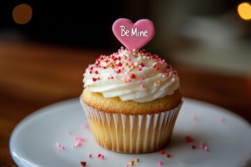 A cupcake with pink frosting, heart-shaped sprinkles, and a small "Be Mine" topper. 