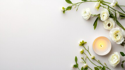 White flowers and candle on white background creating a serene and peaceful flat lay design