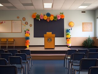 A school assembly area with a podium, stage decorations, and a neat row of chairs