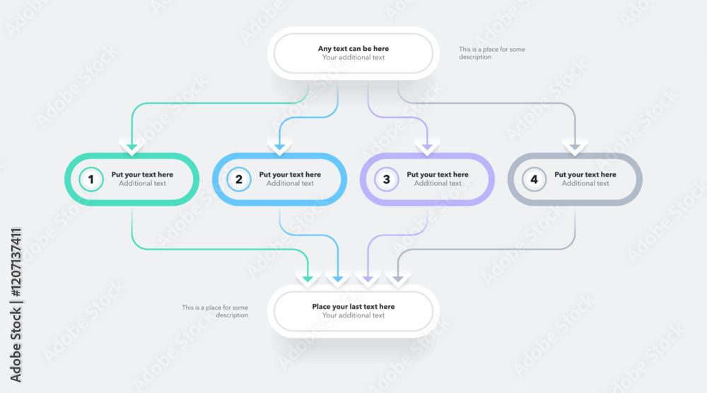 Aufkleber Process flow diagram divided into four options. SImple chart design with thin lines for workflow layout, banner or web design.