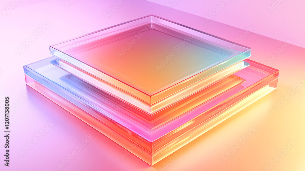 Poster two stacked translucent square plates with glowing pastel gradient hues creating a futuristic and mo